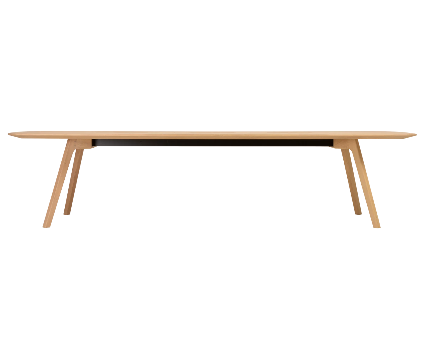True Wing Meeting table in front view with long light timber tabletop and legs with steel beam for cable management.