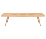 True Wing Meeting table in elevated view with long light timber tabletop and timber legs.