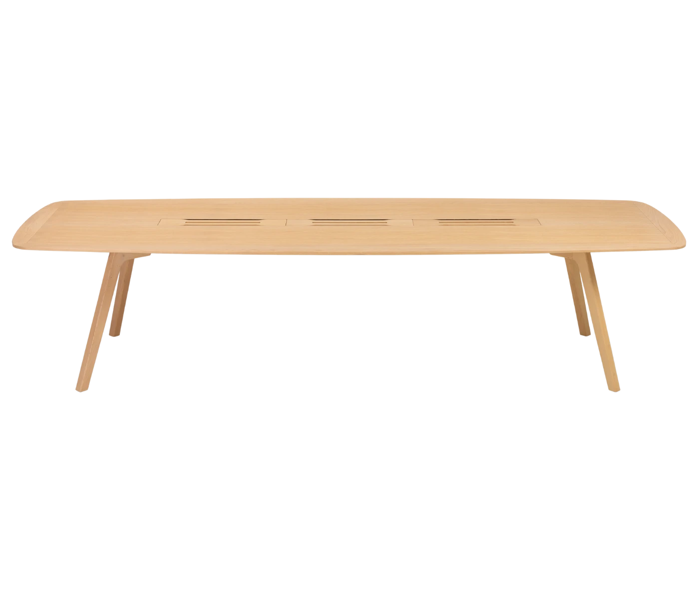 True Wing Meeting table in elevated view with long light timber tabletop and timber legs.