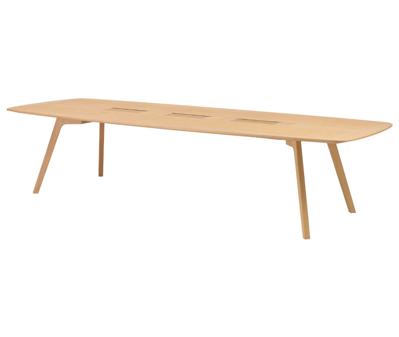 True Wing Meeting table in front-left view with long light timber tabletop and timber legs.