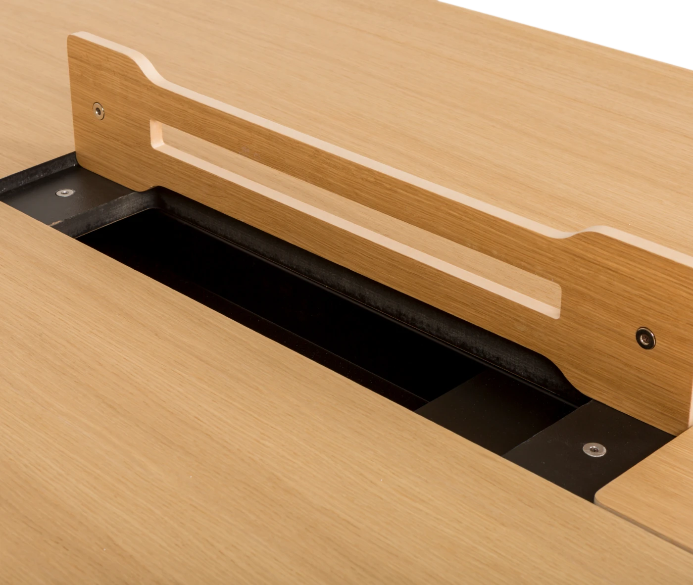 Detail view of the True Wing Meeting table magnetic wiring beam in light timber finish with concealed cable management and magnetic accessory support.