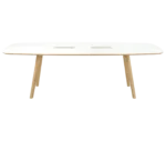 True Wing Working table in front view view with timber legs and white tabletop finish.