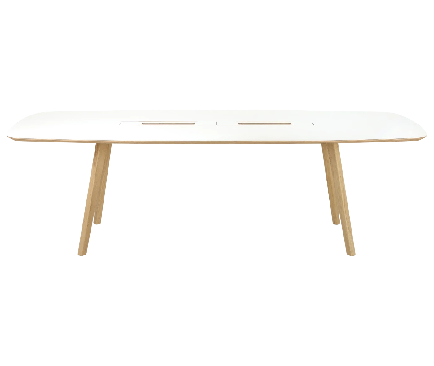 True Wing Working table in front view view with timber legs and white tabletop finish.