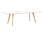 True Wing Working table in front-right view with long white tabletop and timber legs.