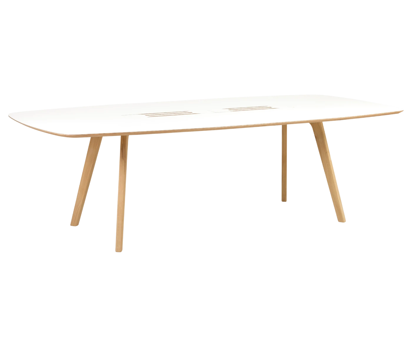True Wing Working table in front-right view with long white tabletop and timber legs.