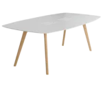 True Wing Working table in front view with long white tabletop and timber legs.
