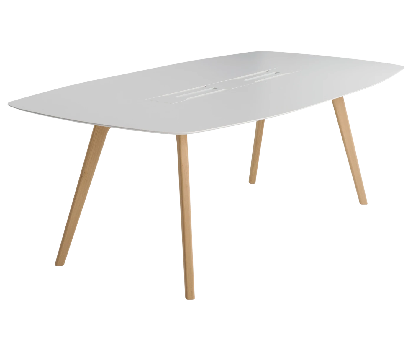 True Wing Working table in front view with long white tabletop and timber legs.
