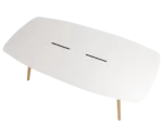 True Wing Working table in top view with long white tabletop and timber legs.