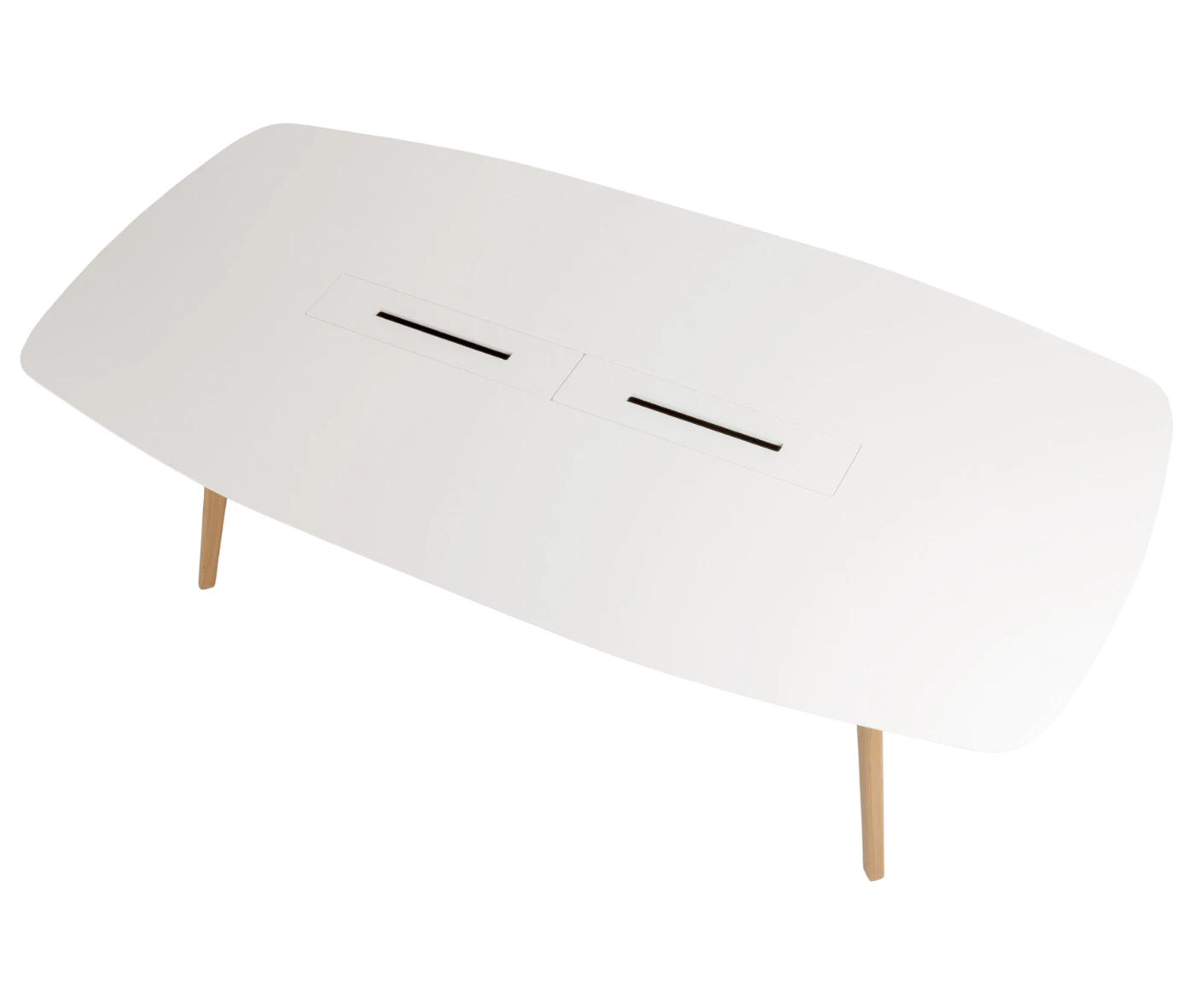True Wing Working table in top view with long white tabletop and timber legs.