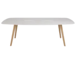 True Wing Working table in front view view with timber legs and white tabletop finish.