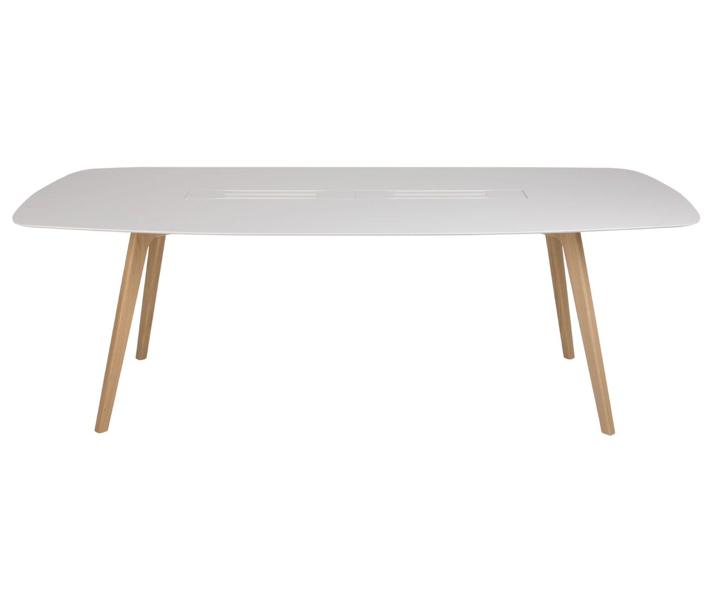 True Wing Working table in front view view with timber legs and white tabletop finish.