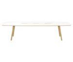 True Wing Working table in front view with long white tabletop and timber legs.