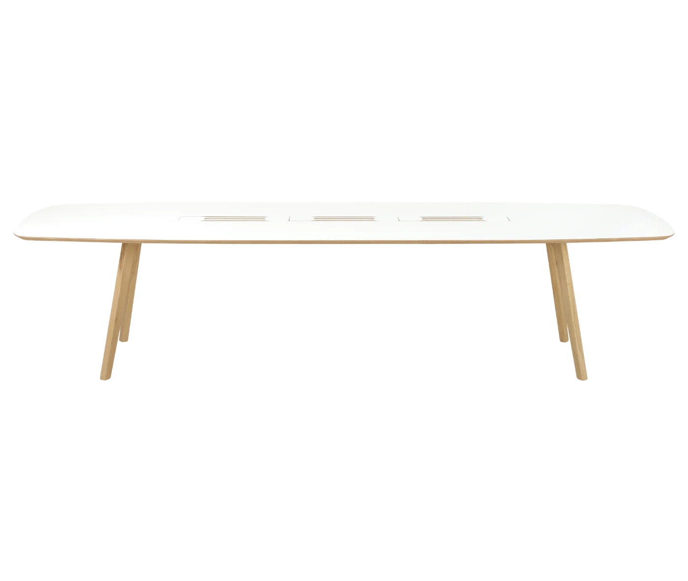 True Wing Working table in front view with long white tabletop and timber legs.