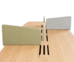 Detail of True Wing Working table in side view with timber tabletop and divider screens.
