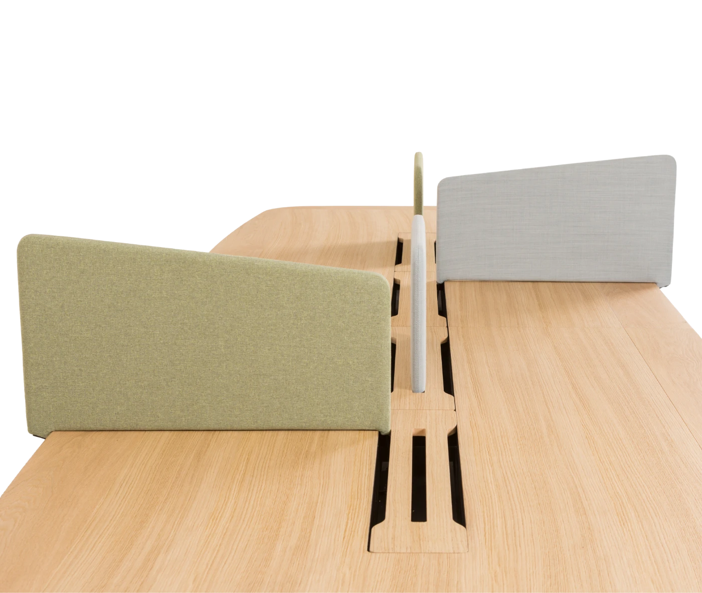 Detail of True Wing Working table in side view with timber tabletop and divider screens.