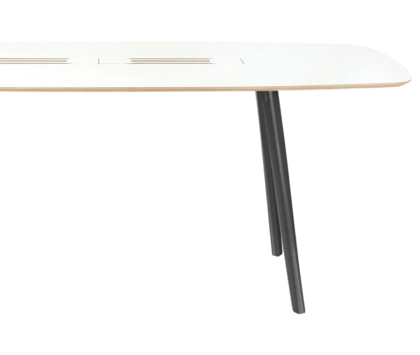 Half close-up of True Wing Working table in white timber top and dark timber legs.