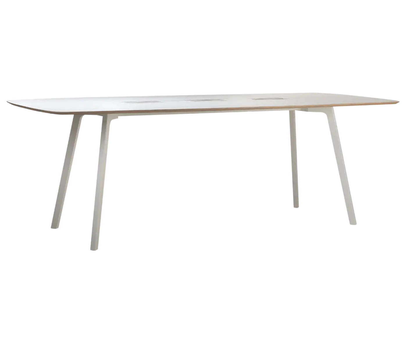 True Wing Working table in front-right view with timber tabletop and legs in white finish.