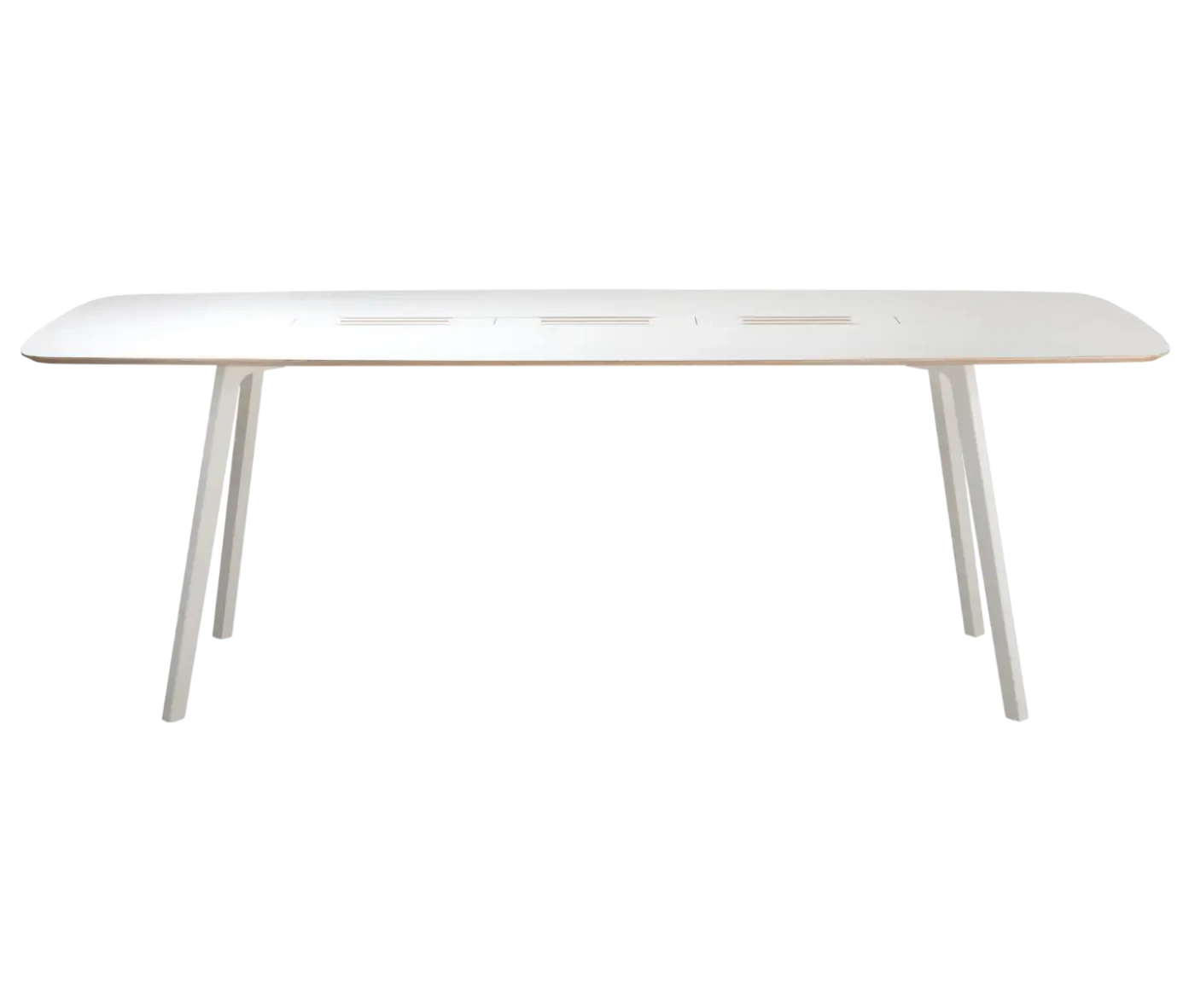 True Wing Working table in front view with timber tabletop and legs in white finish.