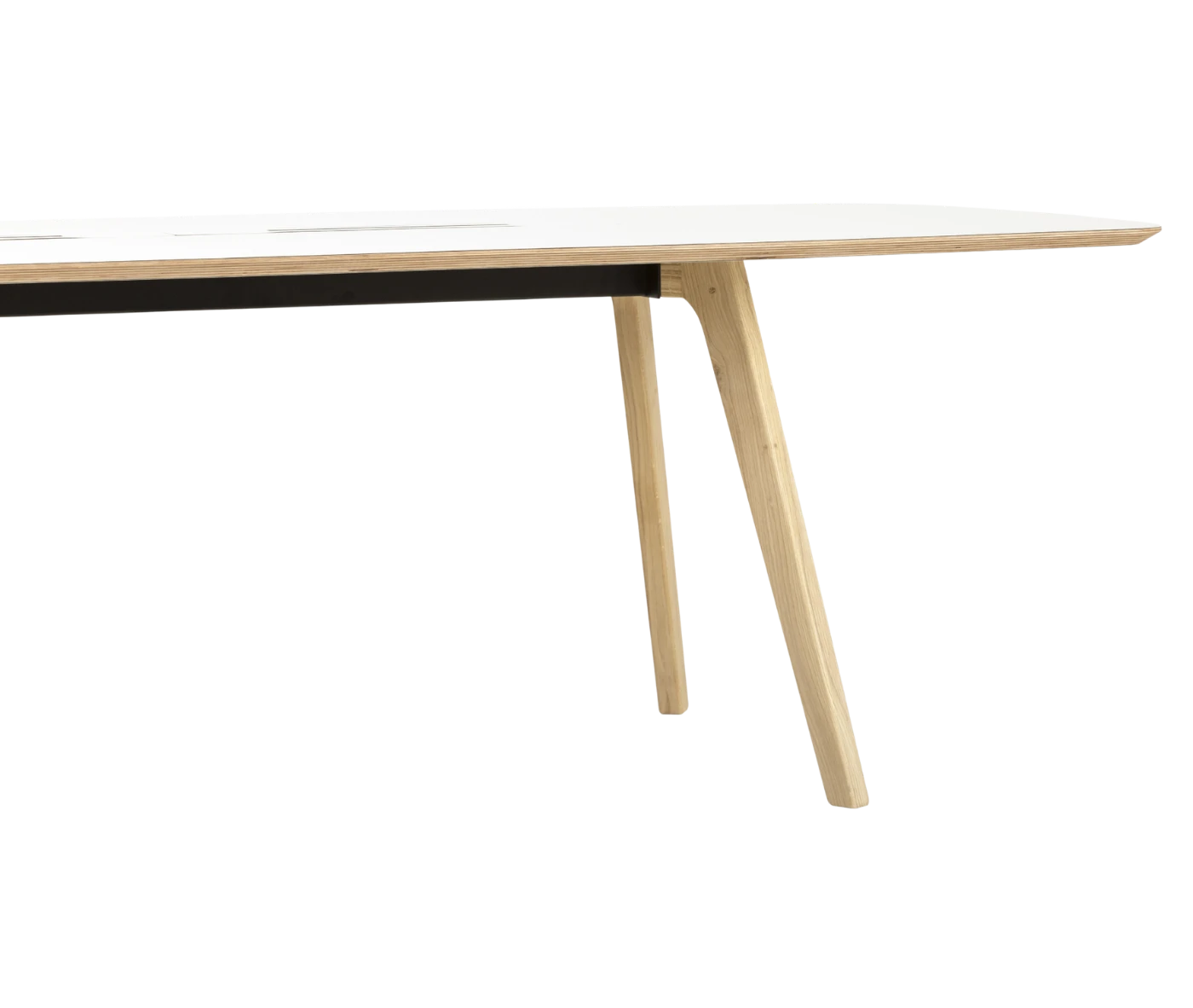 Half close-up of True Wing Working table with timber legs and white tabletop finish.