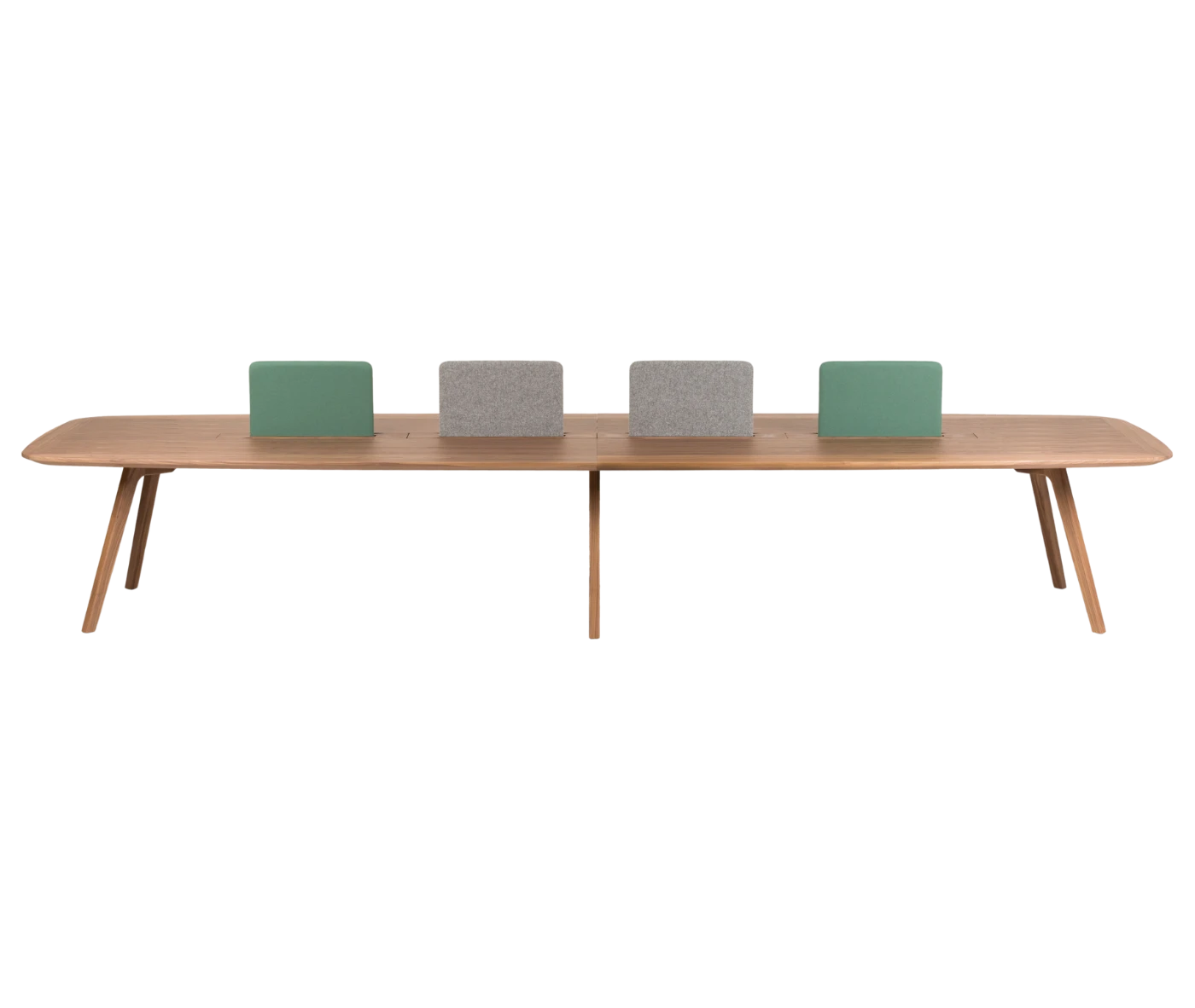 True Wing Working table in front view with dark timber top and frame, with divider screens in different colors.