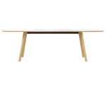 True Wing Working table in front view with timber legs, white tabletop finish, and steel beam.