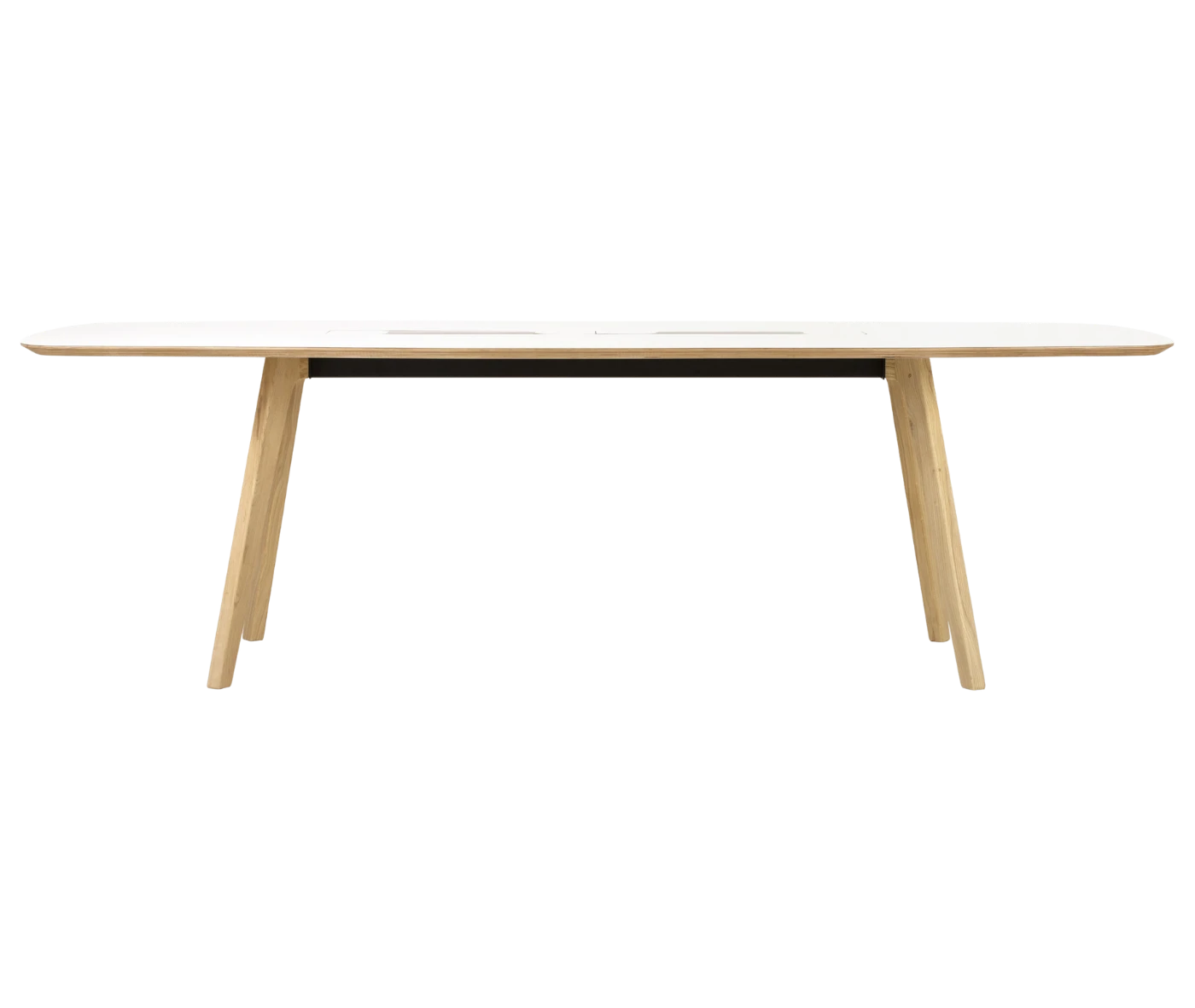 True Wing Working table in front view with timber legs, white tabletop finish, and steel beam.