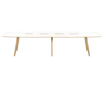 True Wing Working table in front view with long white tabletop and timber legs.