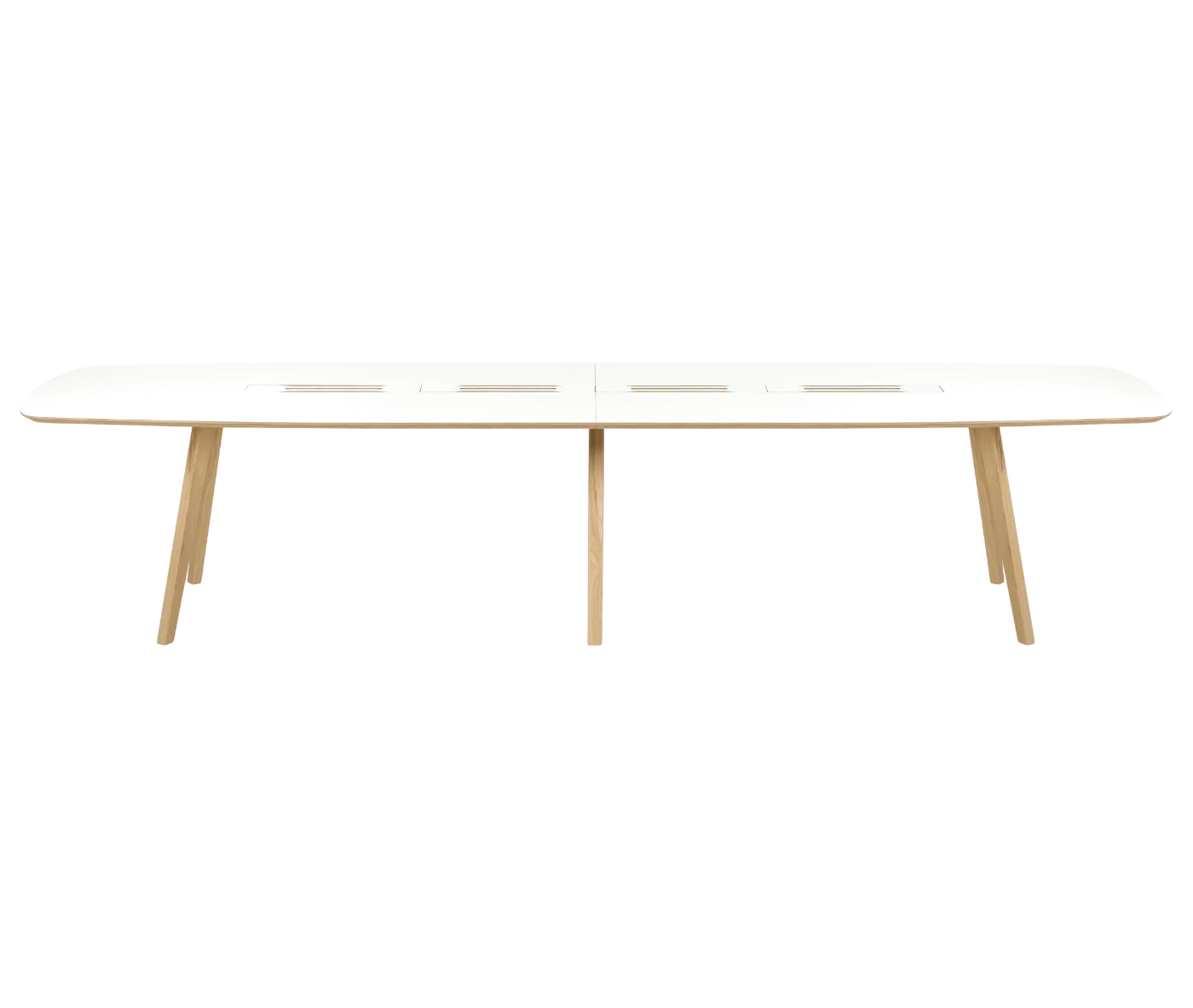 True Wing Working table in front view with long white tabletop and timber legs.