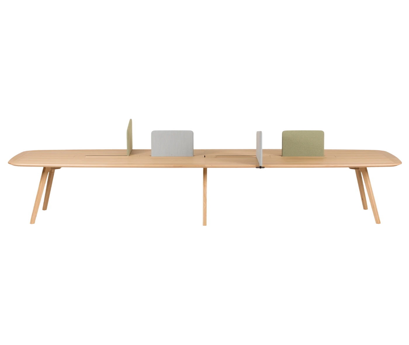 True Wing Working table in front view with light timber top and frame, with padded divider screens in different colors.