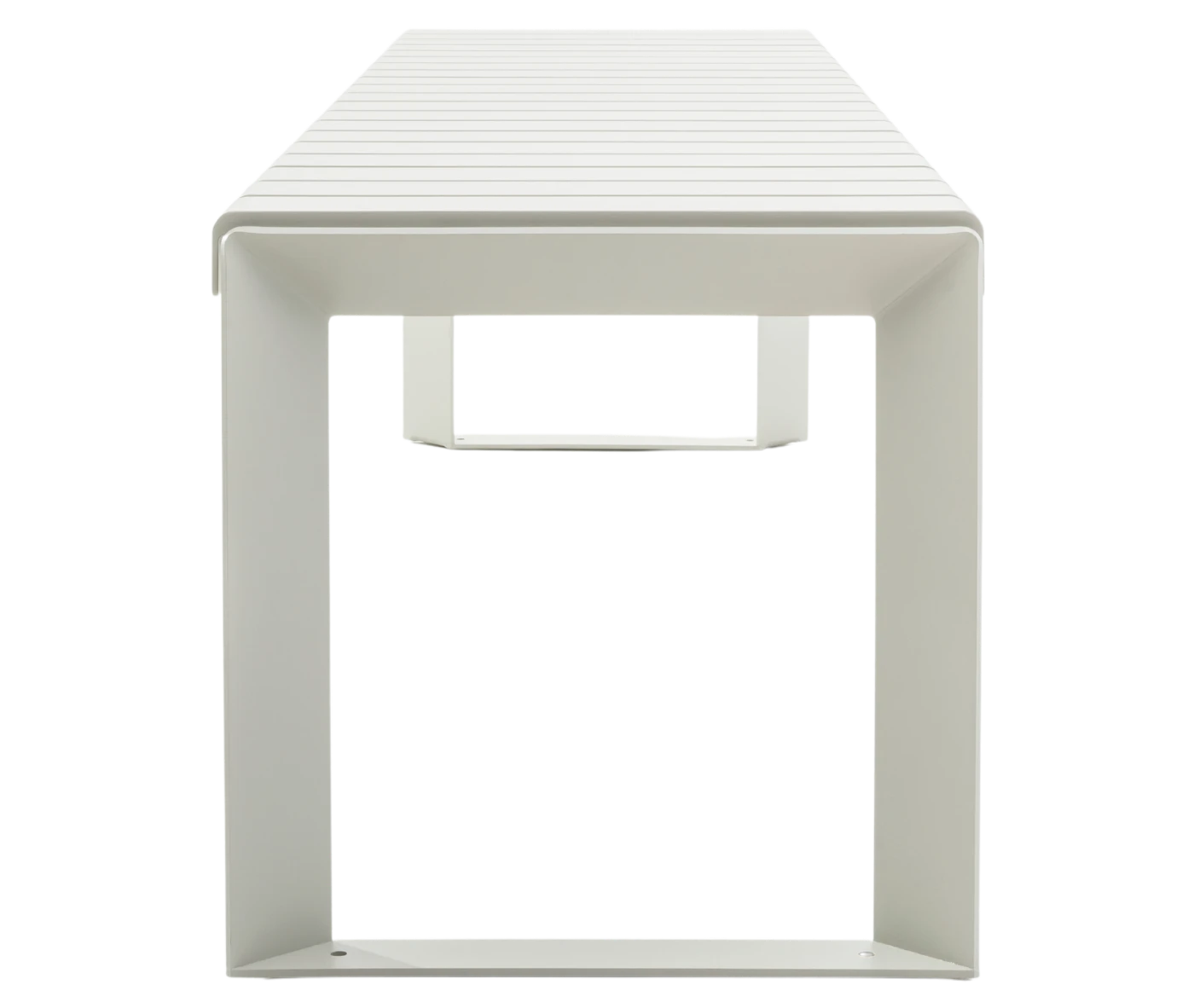 Urbantime Liberty.080 outdoor bench shown in front view with white slatted metal seat and rectangular legs.