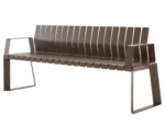 Urbantime Liberty.080 outdoor bench in front-left view, with backrest and armrest, in brown finish.