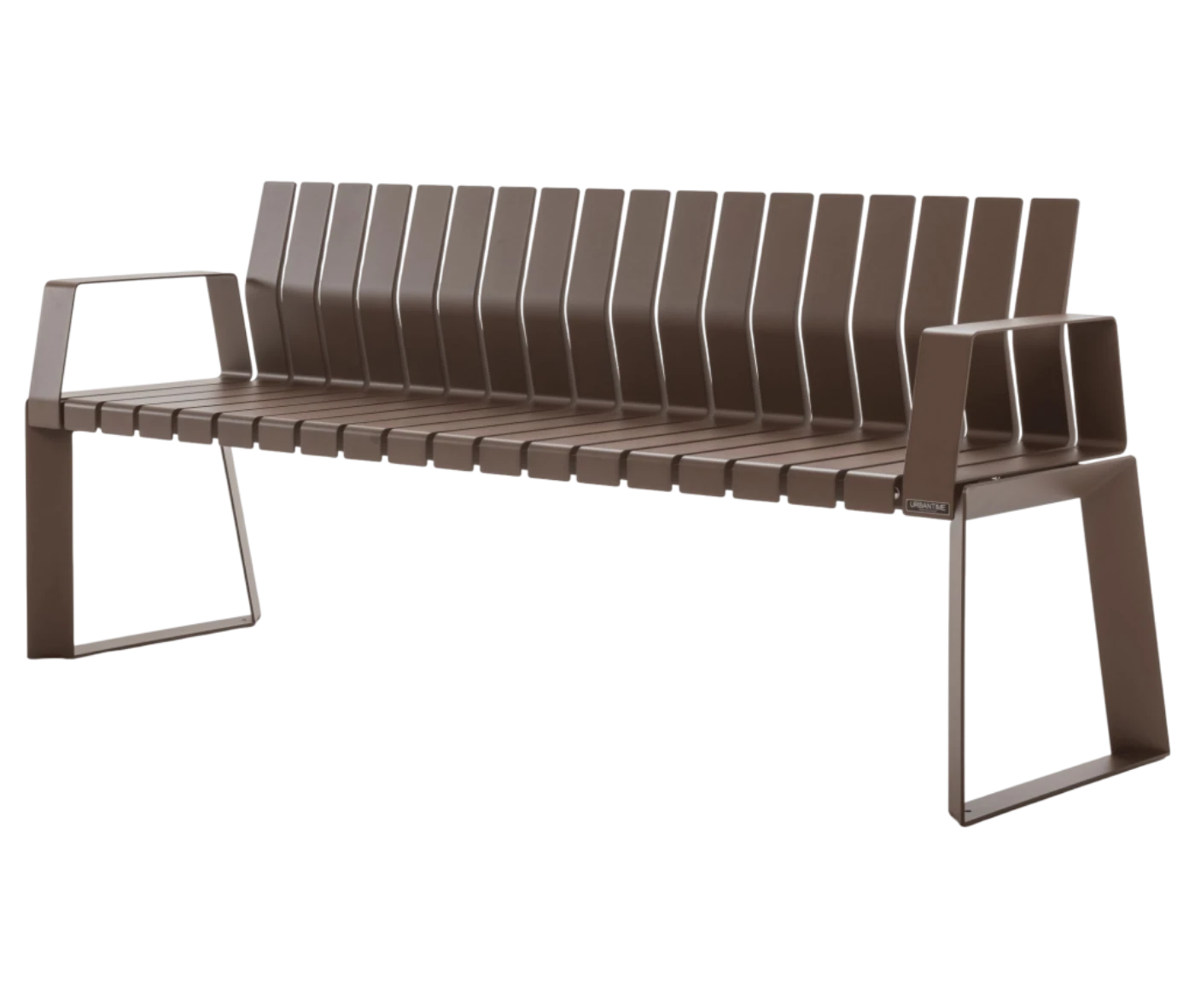 Urbantime Liberty.080 outdoor bench in front-left view, with backrest and armrest, in brown finish.