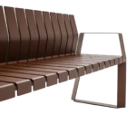 Detail view of Urbantime Liberty.080 outdoor bench with backrest and armrest, in brown finish.