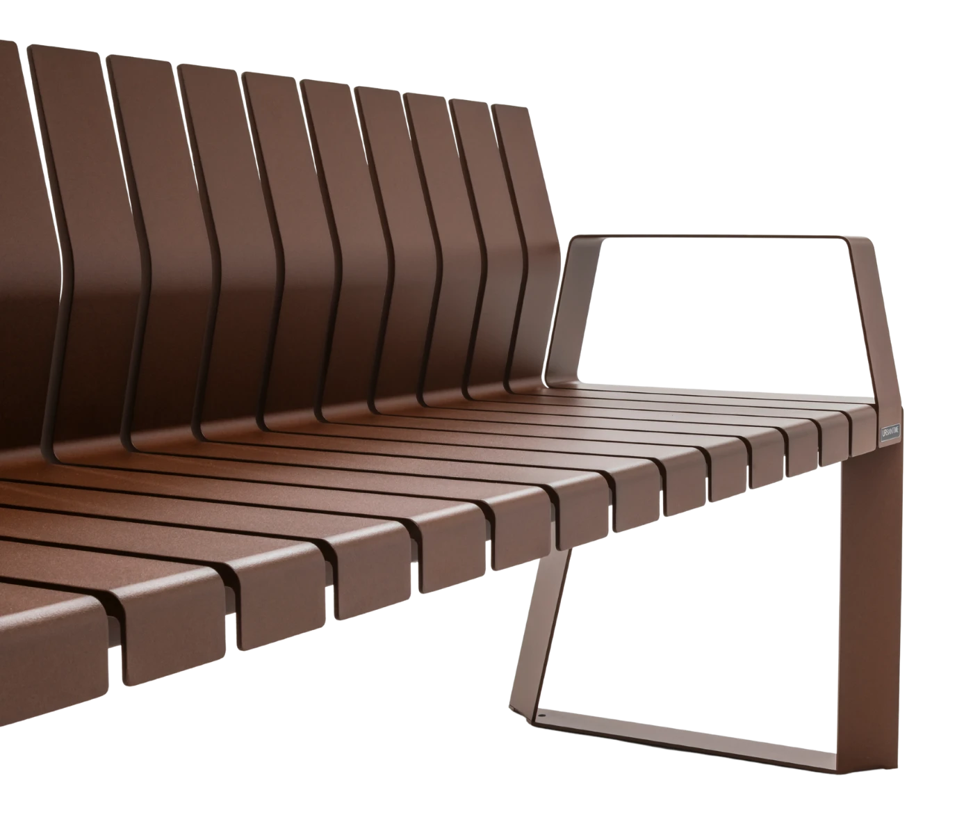 Detail view of Urbantime Liberty.080 outdoor bench with backrest and armrest, in brown finish.