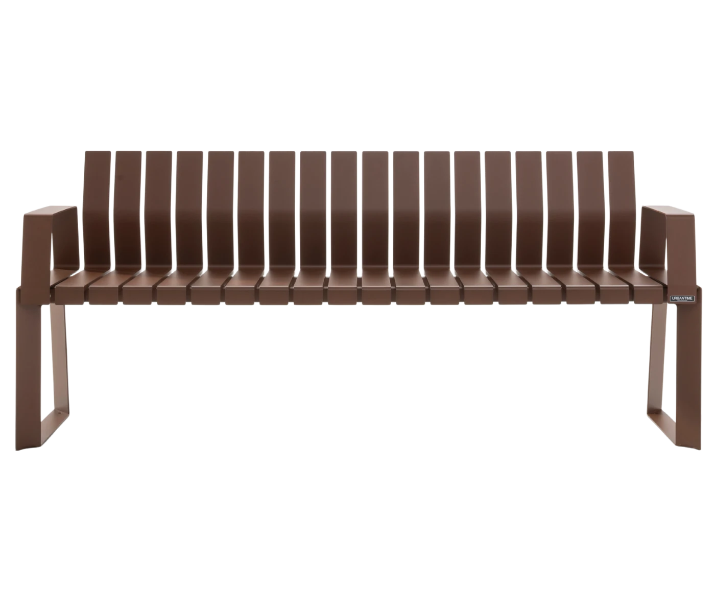 Urbantime Liberty.080 outdoor bench in front view, with backrest and armrest, in brown finish.