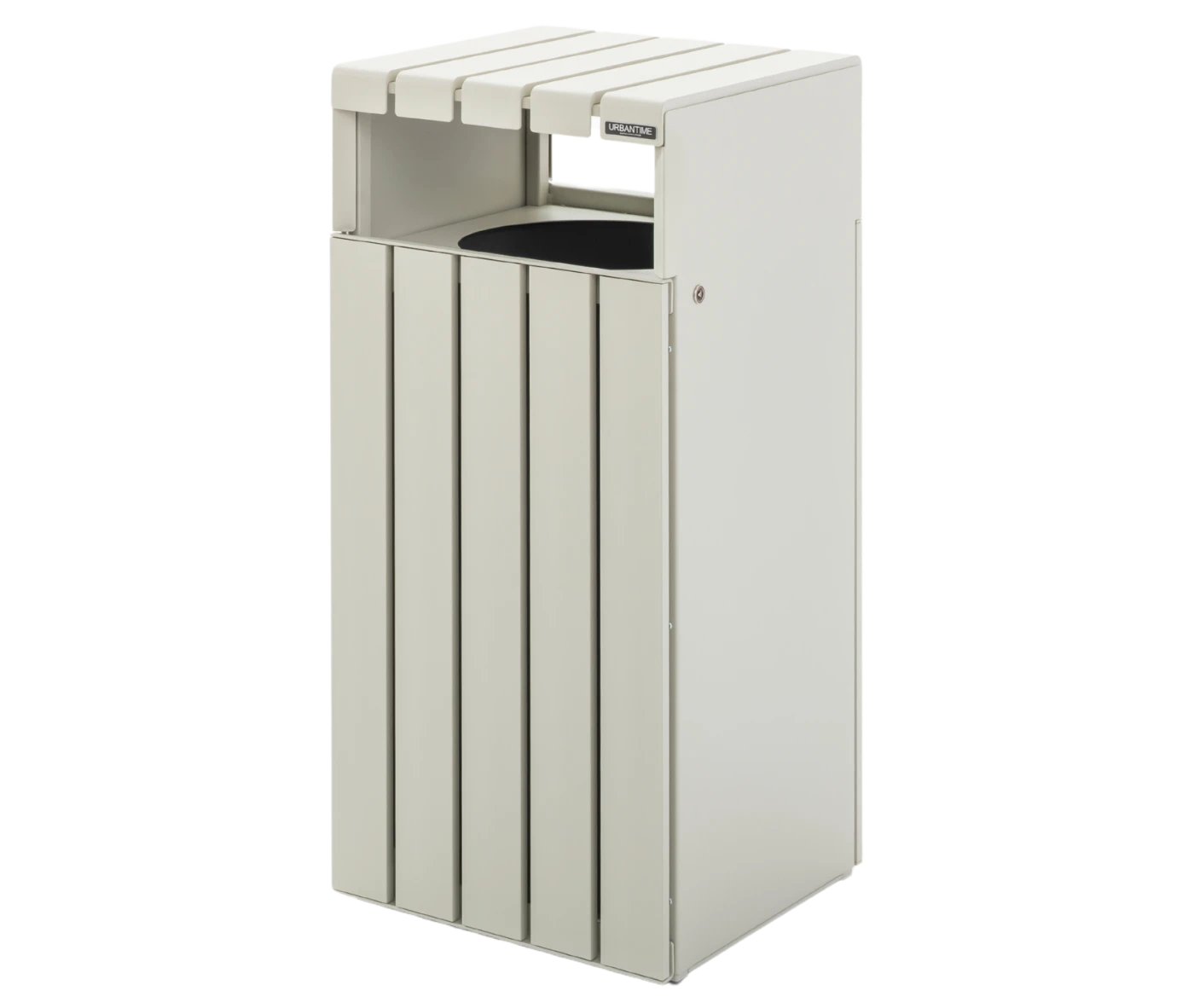 Urbantime Liberty.080 litter bin, in front-left view, white slatted metal frame.