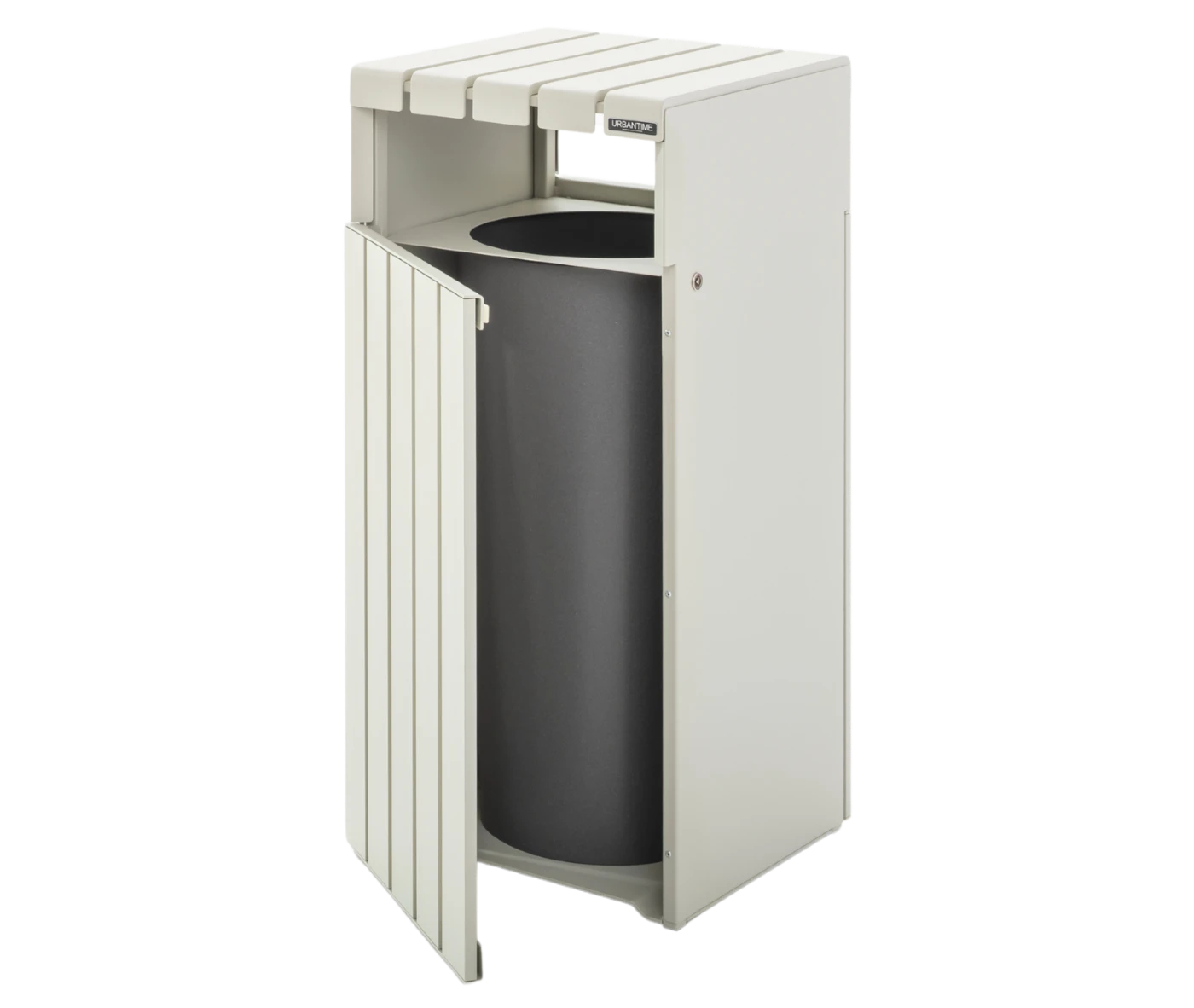 Urbantime Liberty.080 litter bin, in front-left view, white slatted metal frame that is slightly open.