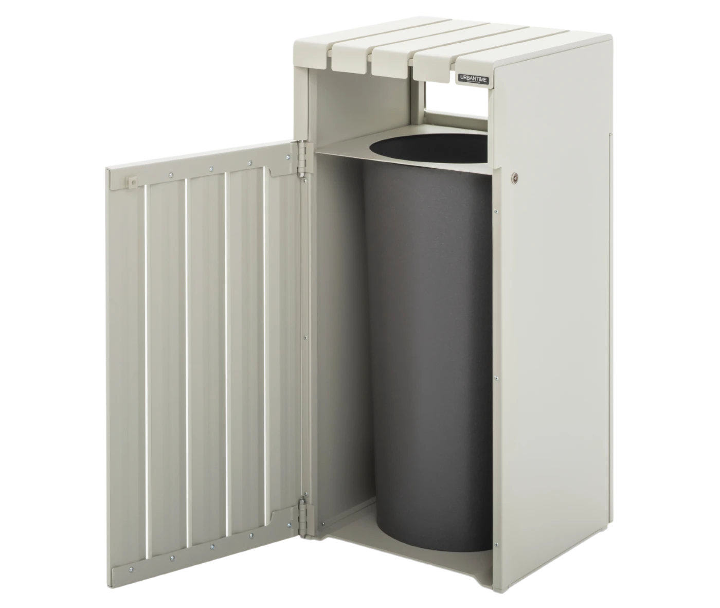 Urbantime Liberty.080 litter bin, in front-left view, white slatted metal frame that is fully open.