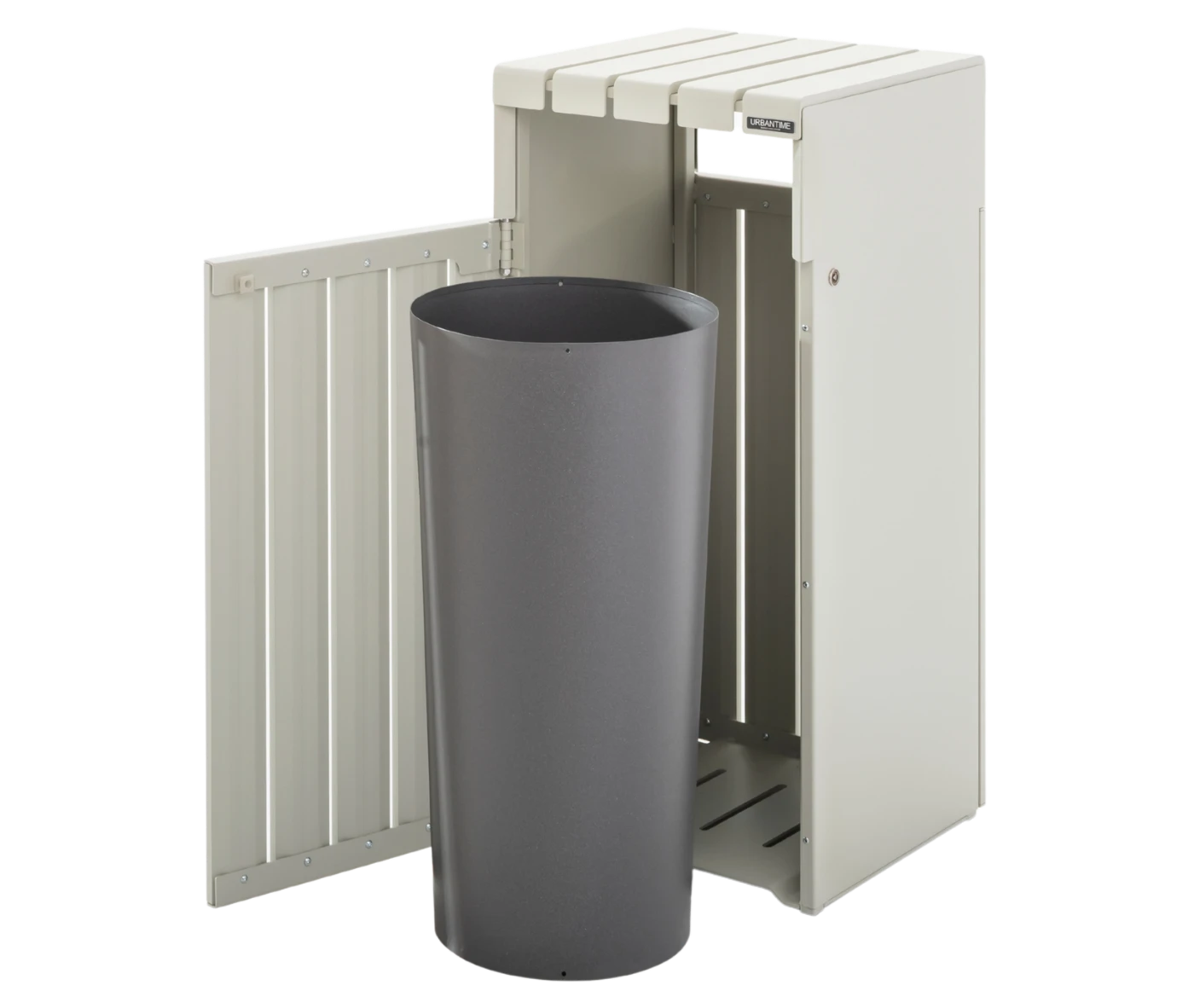 Urbantime Liberty.080 litter bin, in front-left view, white slatted metal frame and inner container placed outside