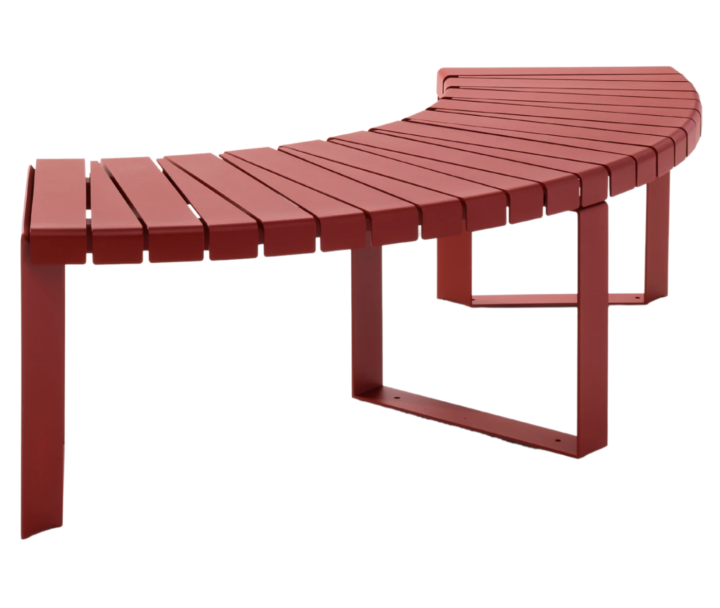 Urbantime Liberty.080 curved flat outdoor bench in front-right view, without backrest, in red finish.