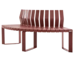 Urbantime Liberty.080 outdoor bench in front-left view with red slatted metal seat, angled backrest, and rectangular legs.