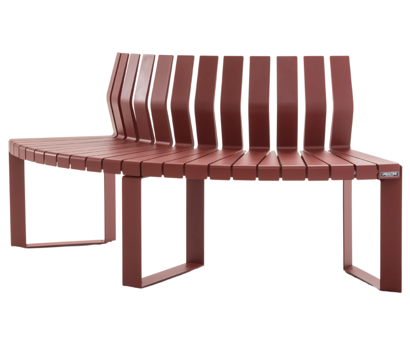 Urbantime Liberty.080 outdoor bench in front-left view with red slatted metal seat, angled backrest, and rectangular legs.