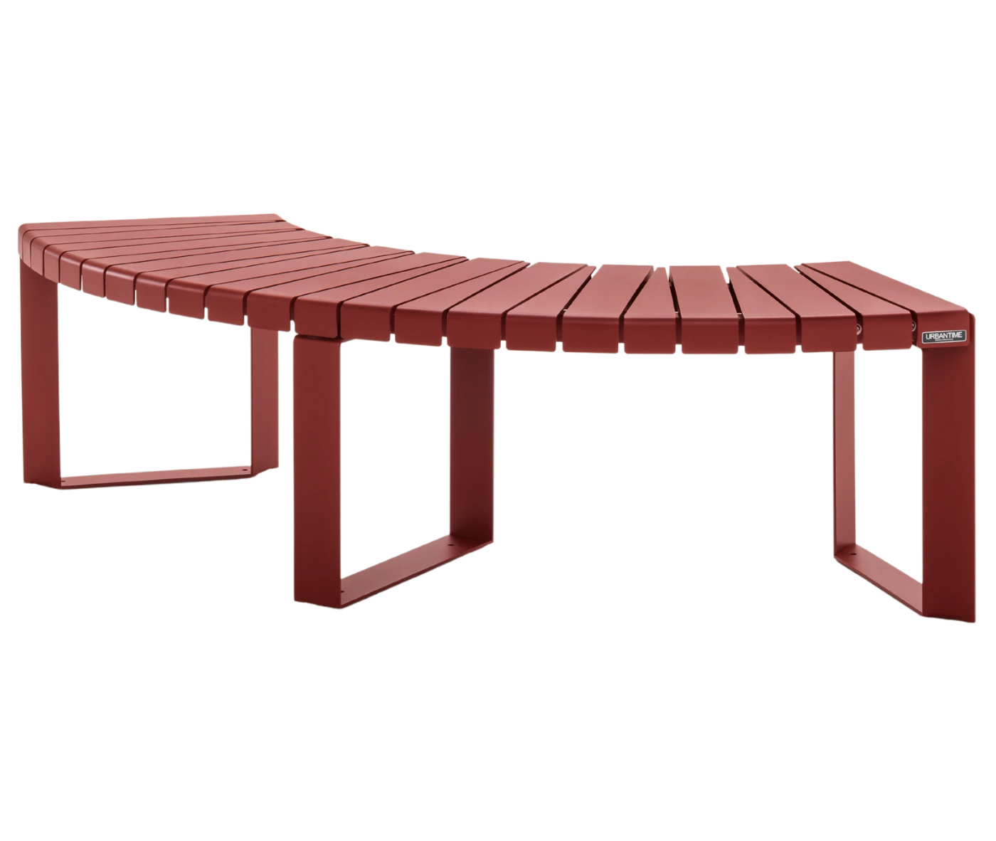 Urbantime Liberty.080 curved flat outdoor bench in front-left view, without backrest, in red finish.