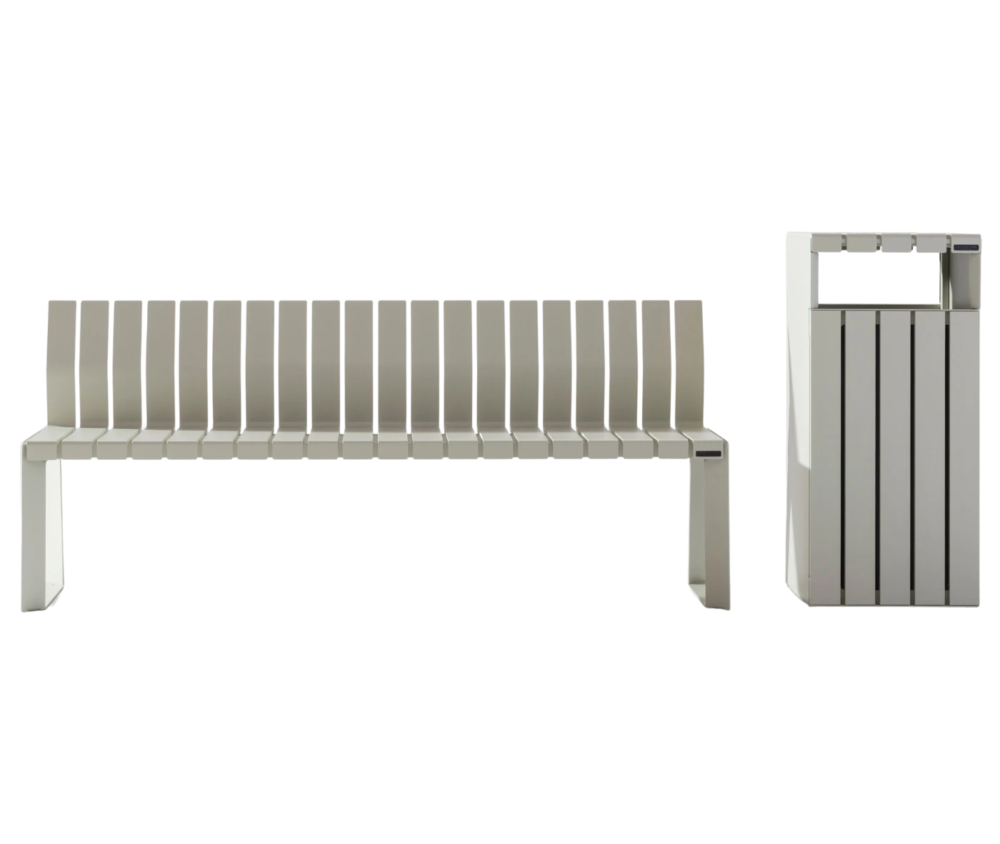 Urbantime Liberty.080 outdoor linear bench and litter bin in front view with white slatted frame.