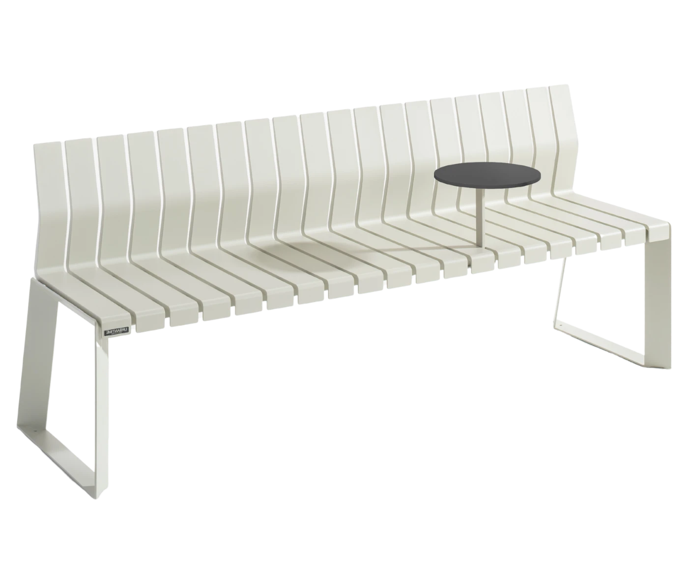 Urbantime Liberty.080 outdoor bench in front-right view, with integrated black round table.