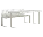 Urbantime Liberty.080 outdoor table and bench in front-right view with white slatted metal seat and backrest.