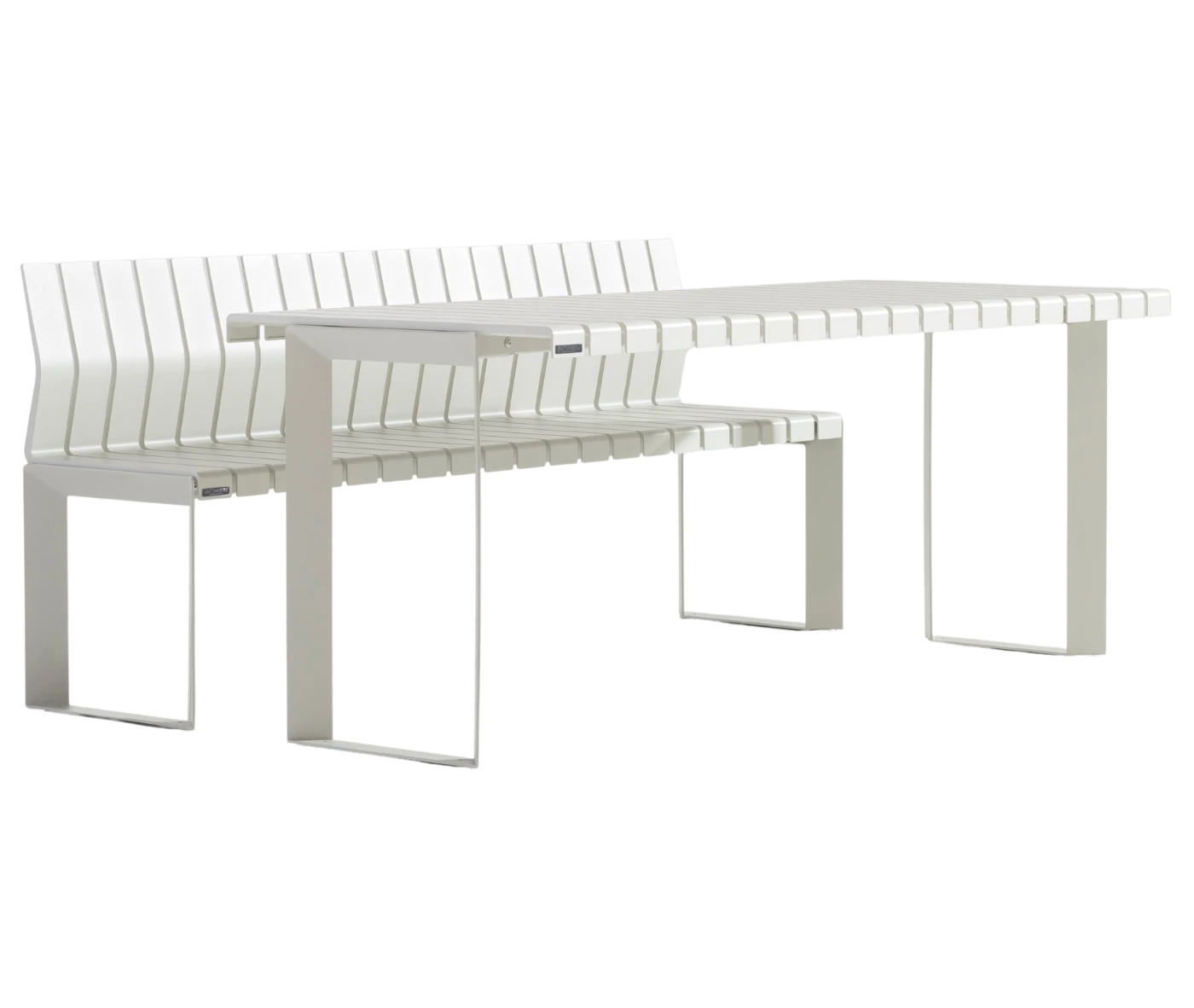 Urbantime Liberty.080 outdoor table and bench in front-right view with white slatted metal seat and backrest.