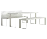Urbantime Liberty.080 outdoor table and linear bench in front-right view in white slatted backrest and seat.