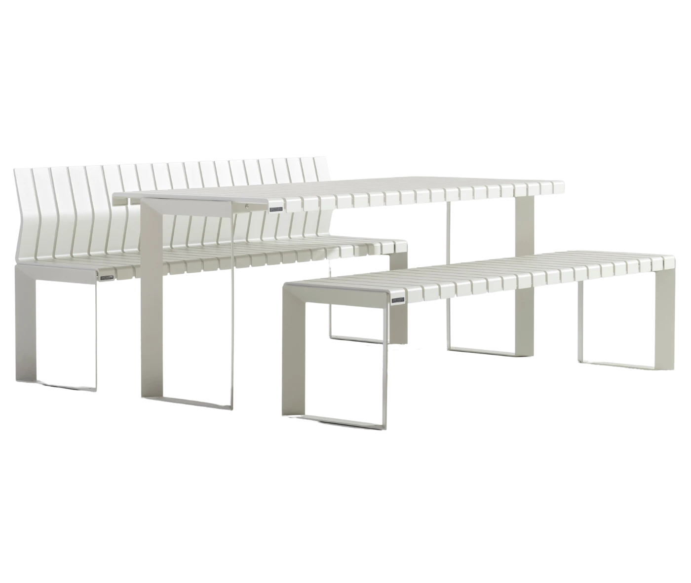 Urbantime Liberty.080 outdoor table and linear bench in front-right view in white slatted backrest and seat.