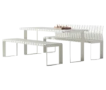 Urbantime Liberty.080 outdoor table and bench in front-left view with white slatted metal surfaces.